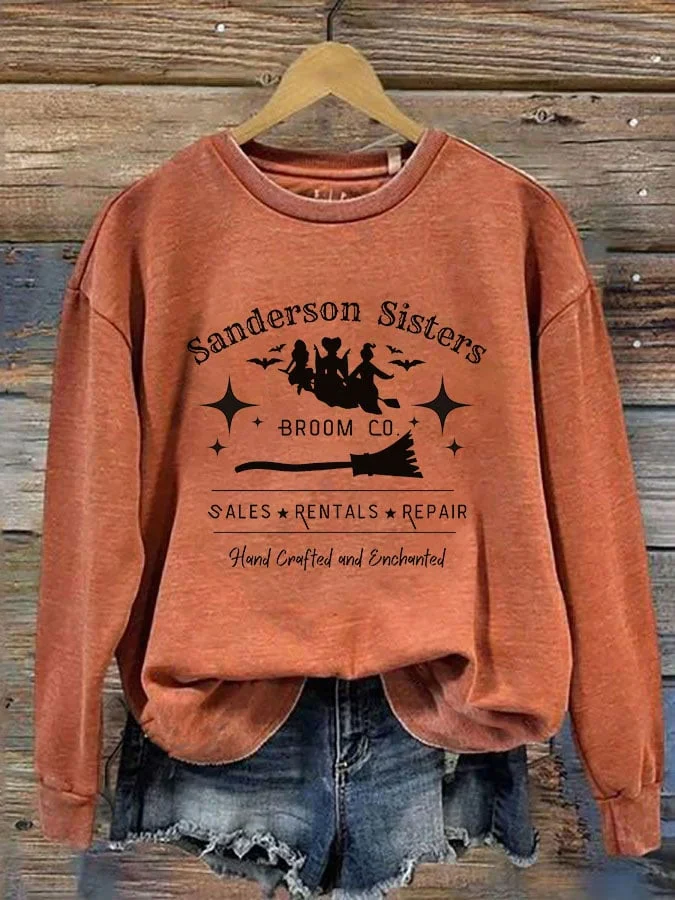 Women's Halloween Broom Sanderson Sisters Sales Rentals Repair Hand Crafted And Enhanted Print Crew Neck Sweatshirt