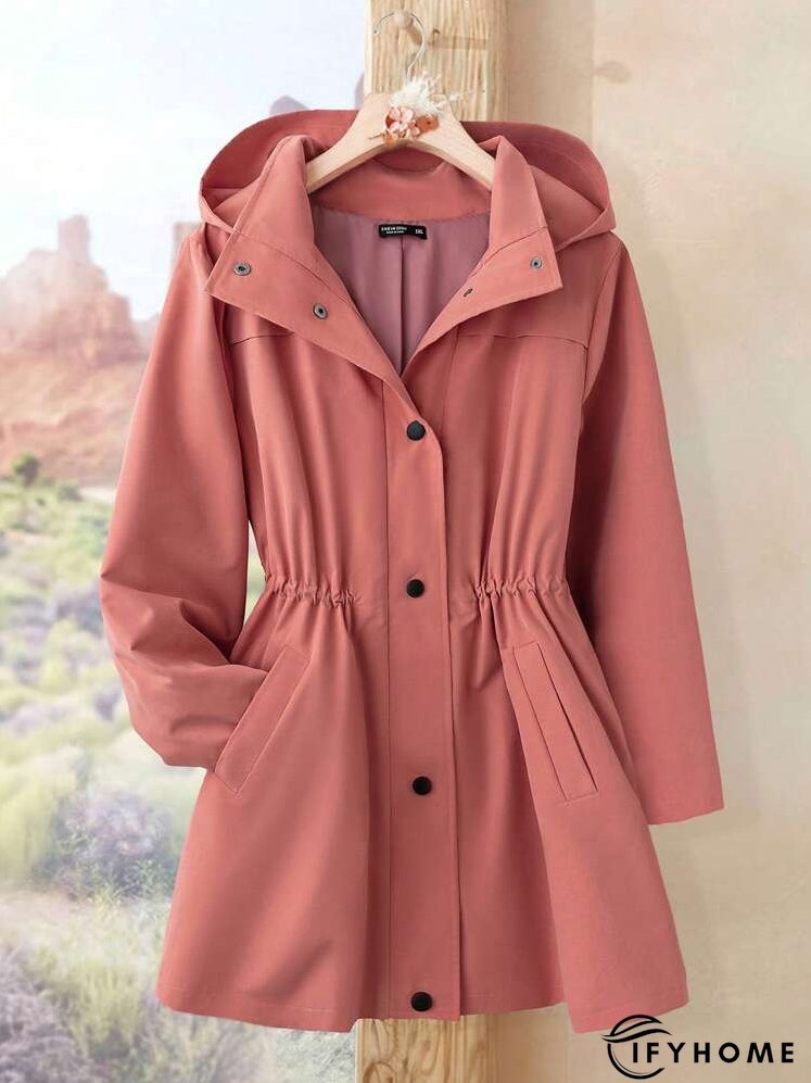 Plus Size Solid Color Cinched Waist Hooded Trench Coat, Autumn | IFYHOME