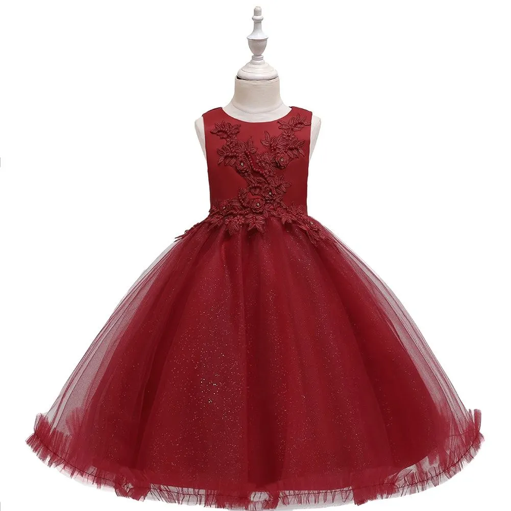 Pink Knee-Length Tulle Flower Girl Dress For Kids Round Neck Embroidered Child Party Dress For Girl 3-12 Years Old Sleeveless