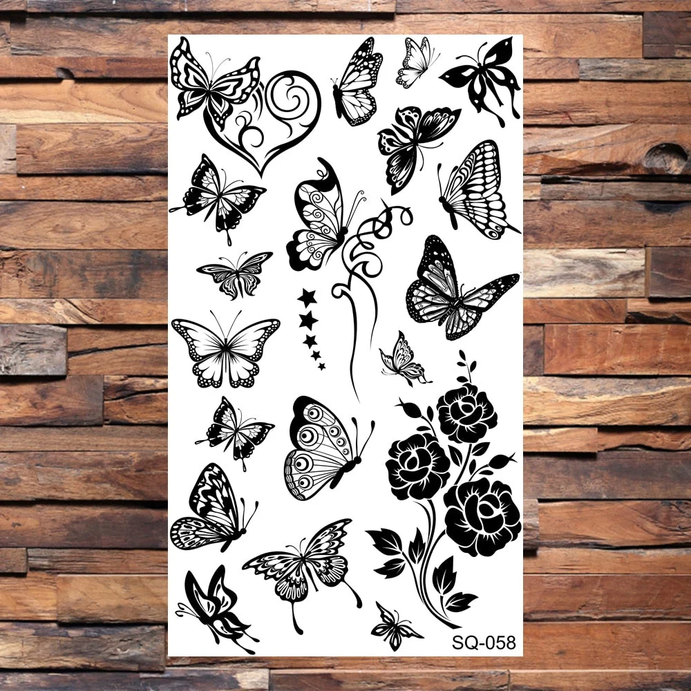 Small Butterfly Temporary Tattoos For Women Girls Realistic Skull Rose Flower Snake Feather Fake Tattoo Sticker Back Arm Tatoos