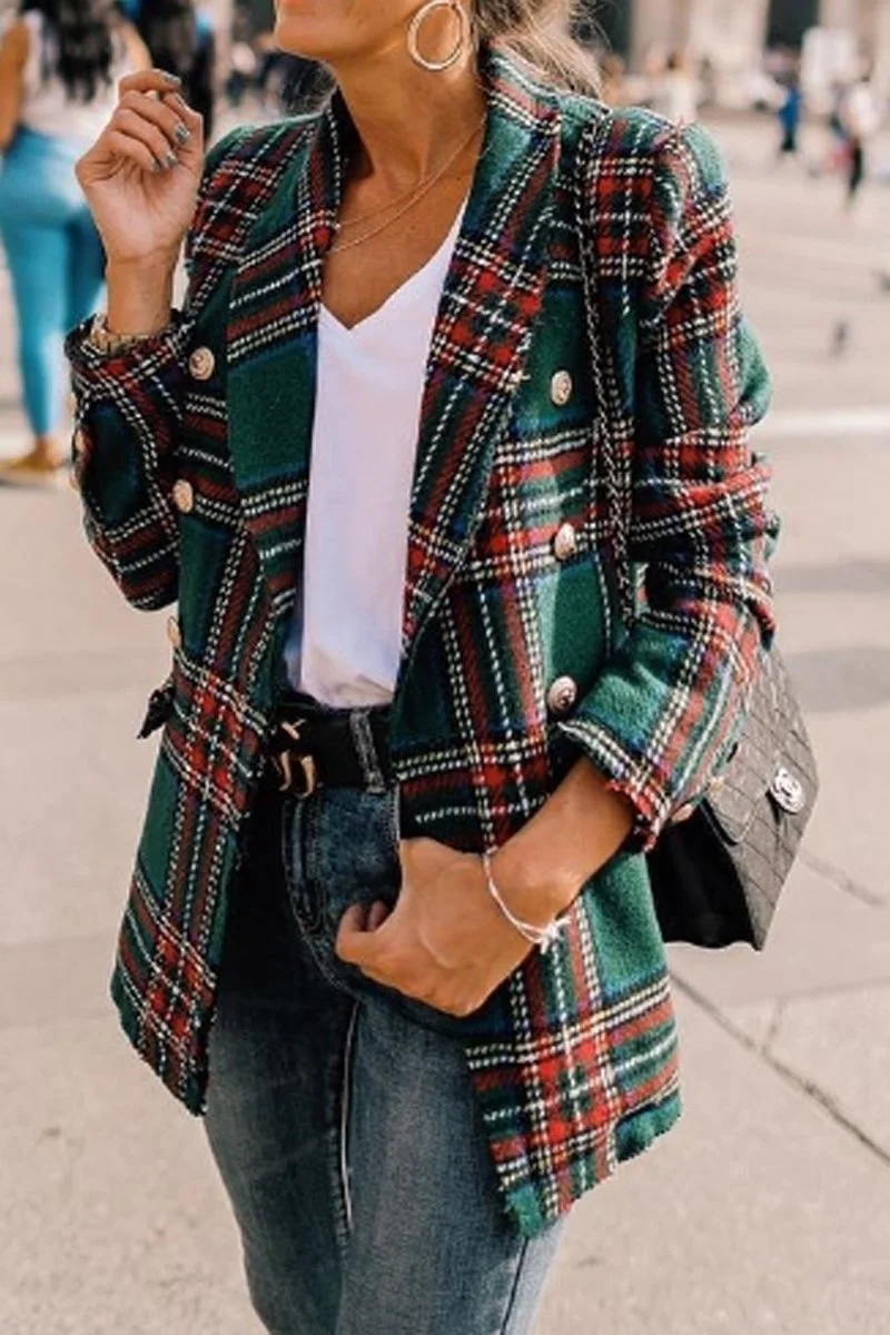 Hip-Length Plaid Lapel Double Breasted Coat
