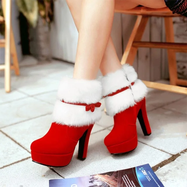 Christmas Red/Black Warm Fur High Heel Short Boots SP18288