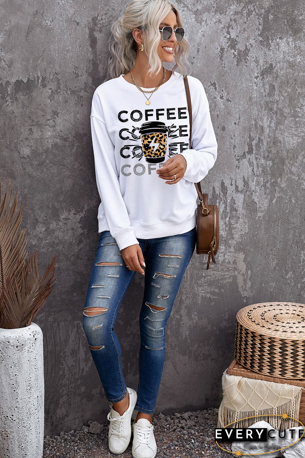 White COFFEE Figure Print Long Sleeve Sweatshirt