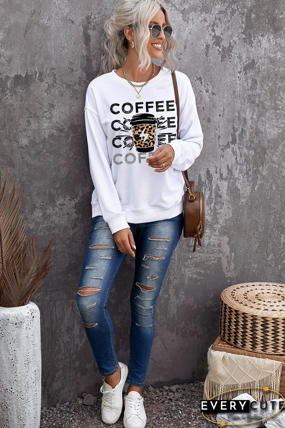White COFFEE Figure Print Long Sleeve Sweatshirt