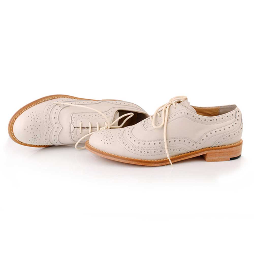 Light Beige Round Toe Lace-Up Perforated Detail Oxford Shoes Women Nicepairs