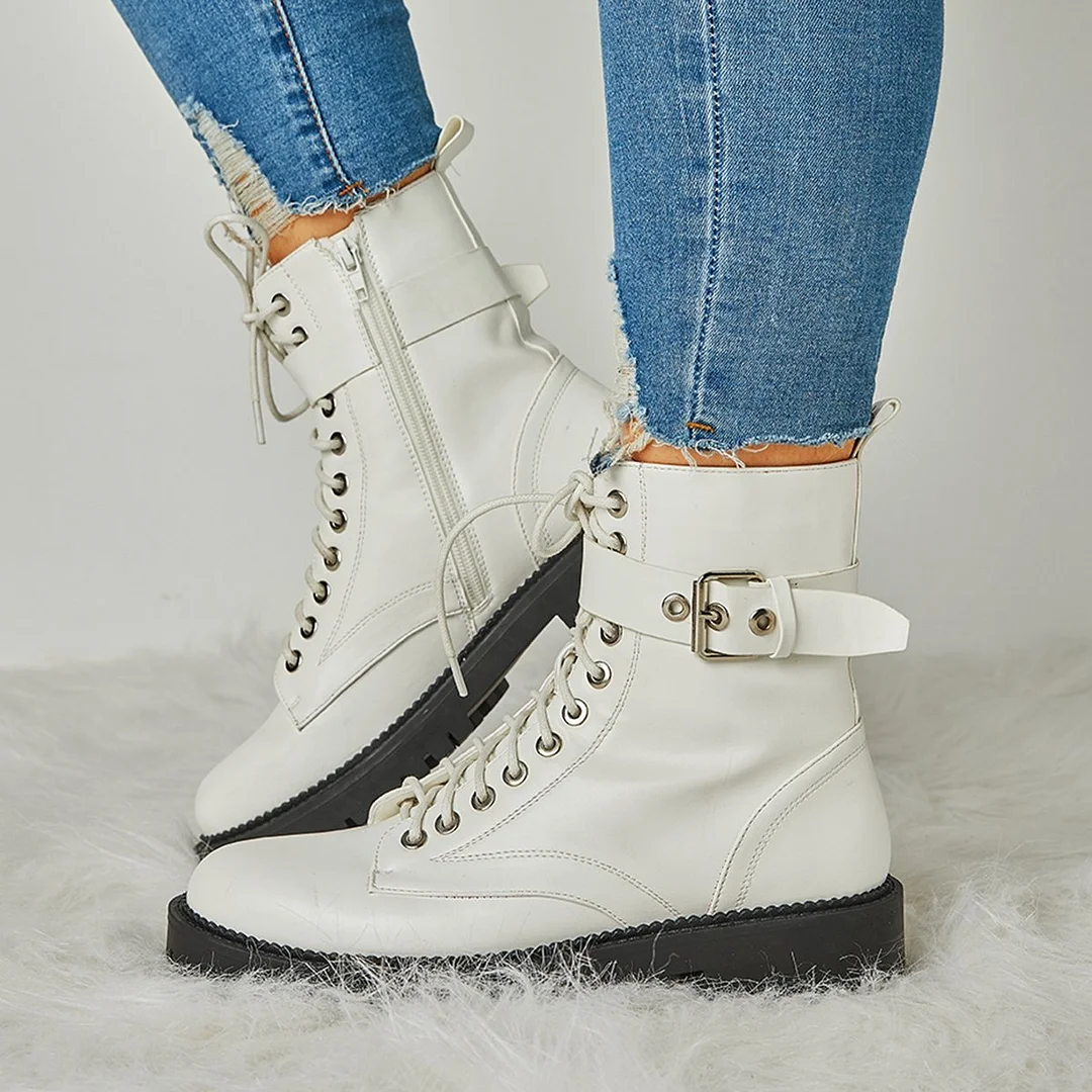 Women's Fashion Buckle Combat Leather Boots