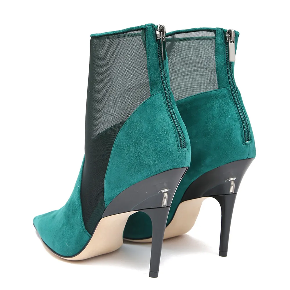Turquoise Pointed Toe Stiletto Heel Back Zipper Short Boots for Women