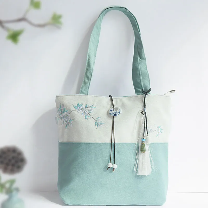 Plum Embroidery Color Block Vintage Tote Bag