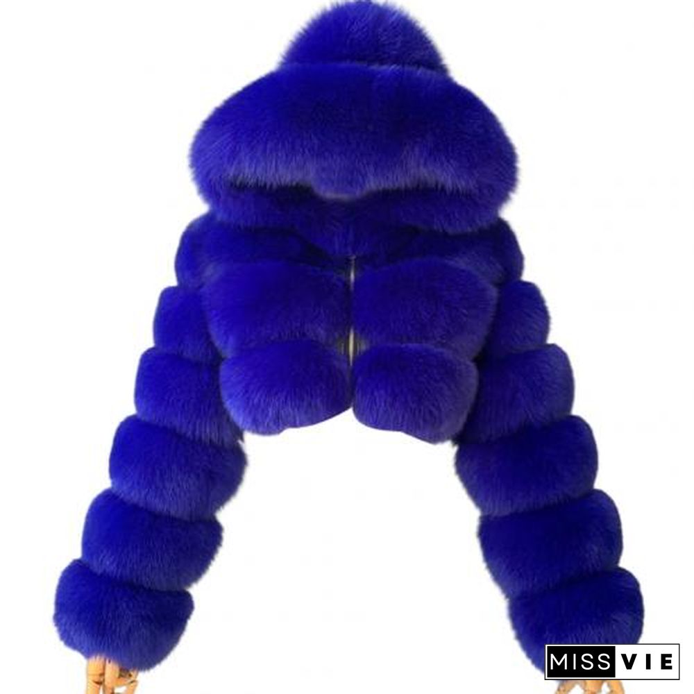 Plus Size Women Jacket Fashion Autumn Winter Faux Fur Cropped Coat Fluffy Zip Hooded Warm Short Jacket