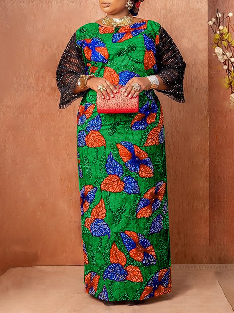 Leaves Print Patchwork Pearl Round Neck Maxi Dress SKUJ23581 QueenFunky