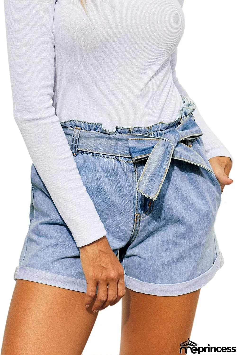 Women Light Blue Roll Hem Paper Bag Waist Denim Shorts
