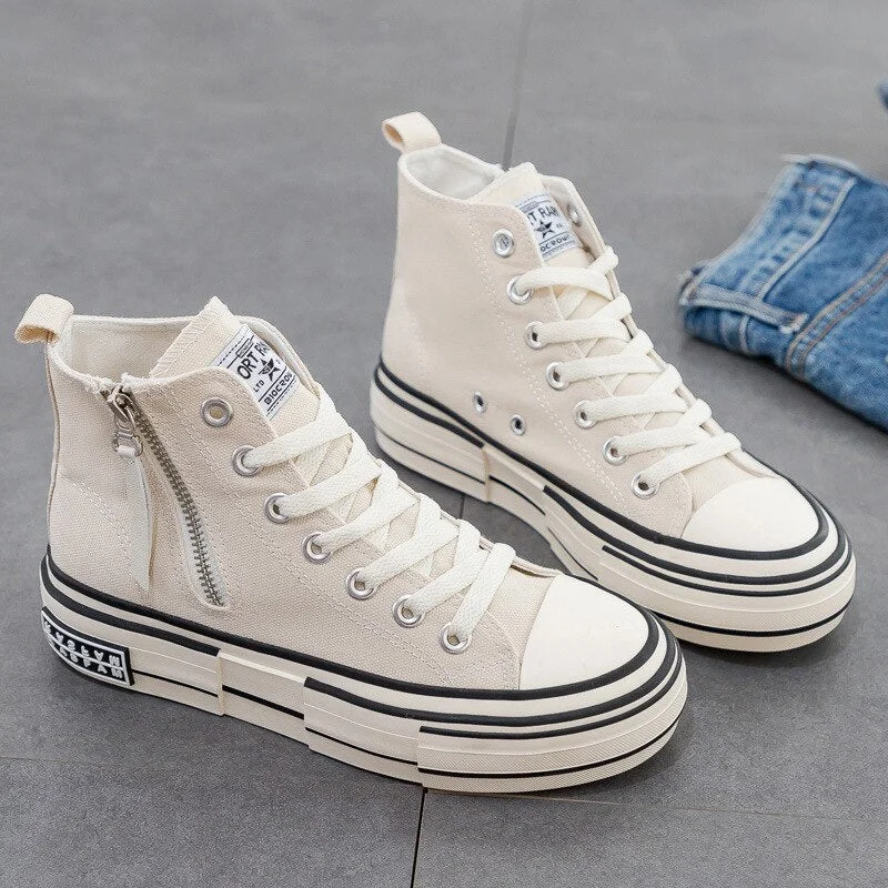 Lourdasprec High-Top Canvas Shoes Fashion Women's Shoes Korean Zipper White Shoes Student Casual Shoes Designer Platform Board Shoes L50