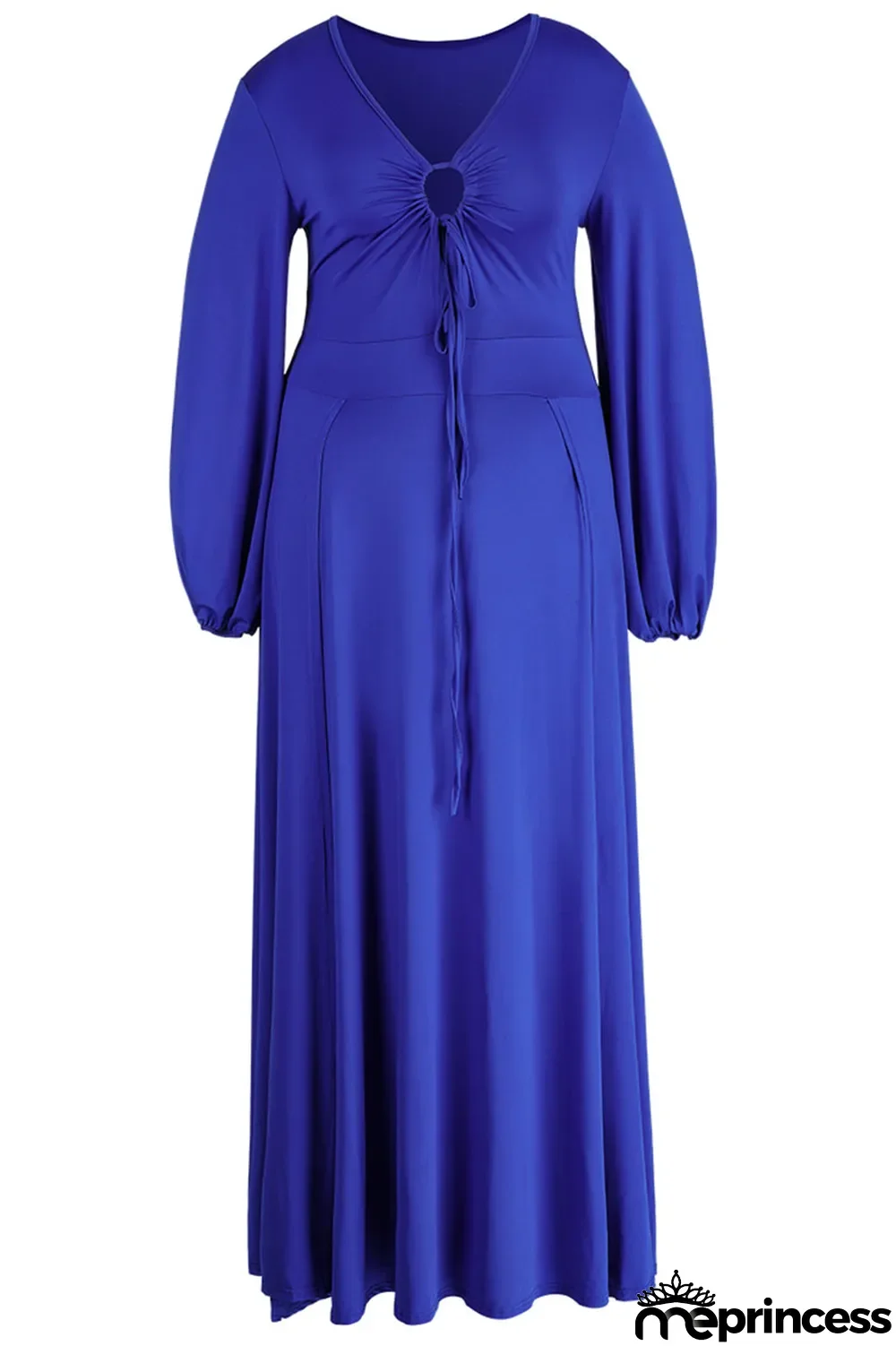 Deep Blue Elegant Solid Split Joint Frenulum High Opening V Neck Long Sleeve Plus Size Dresses