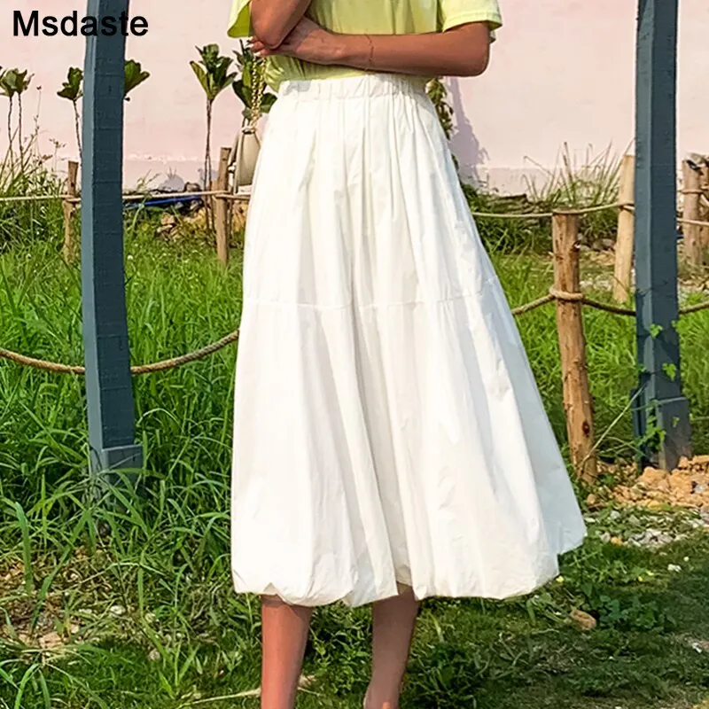 Skirts Women A-line Solid  Black White Casual Mid-calf Saia Midi Elastic Waist FemaleTulle Skirts Tutu Pleated Skirts Woman