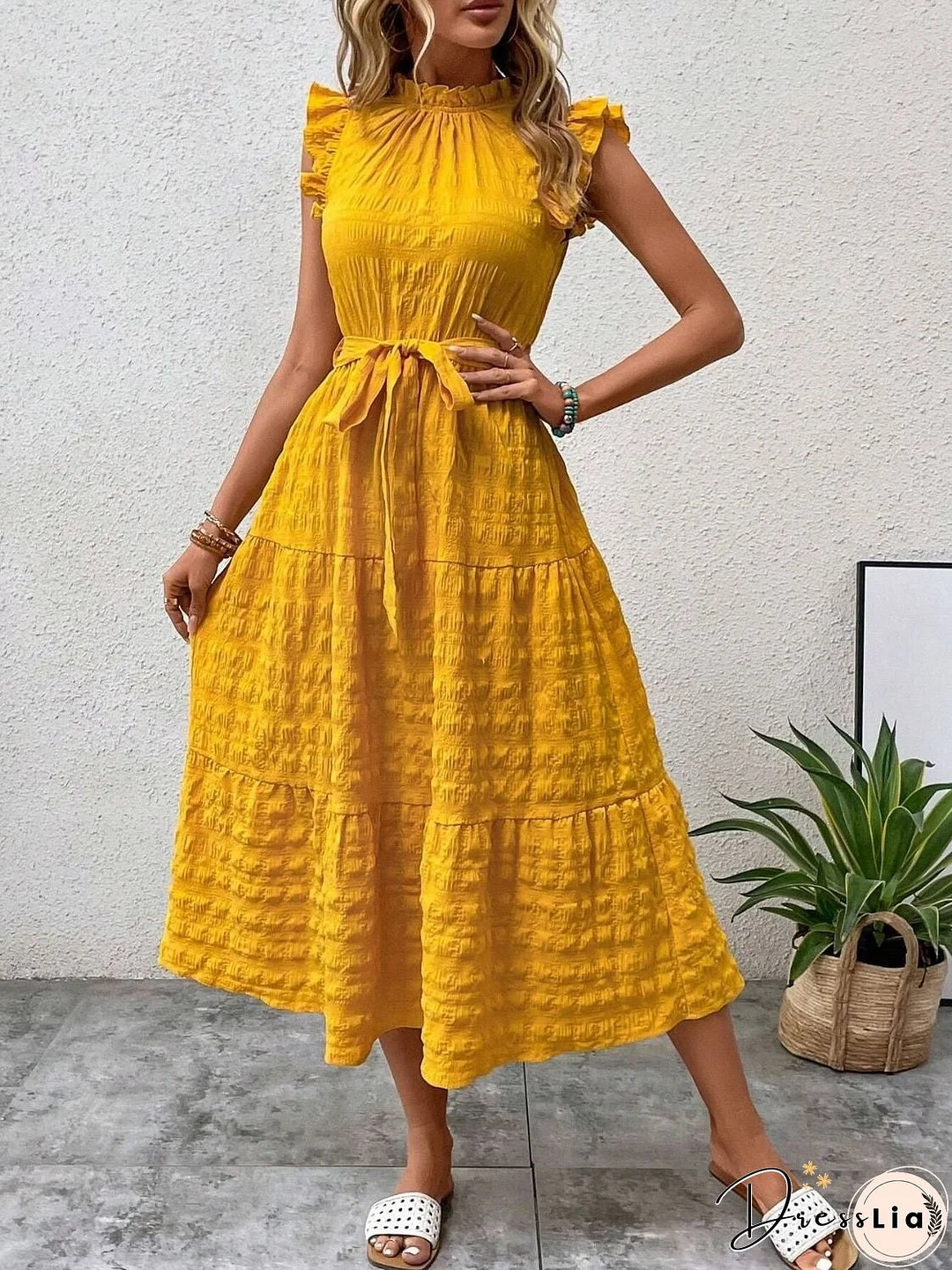 Tied Ruffled Cap Sleeve Midi Dress