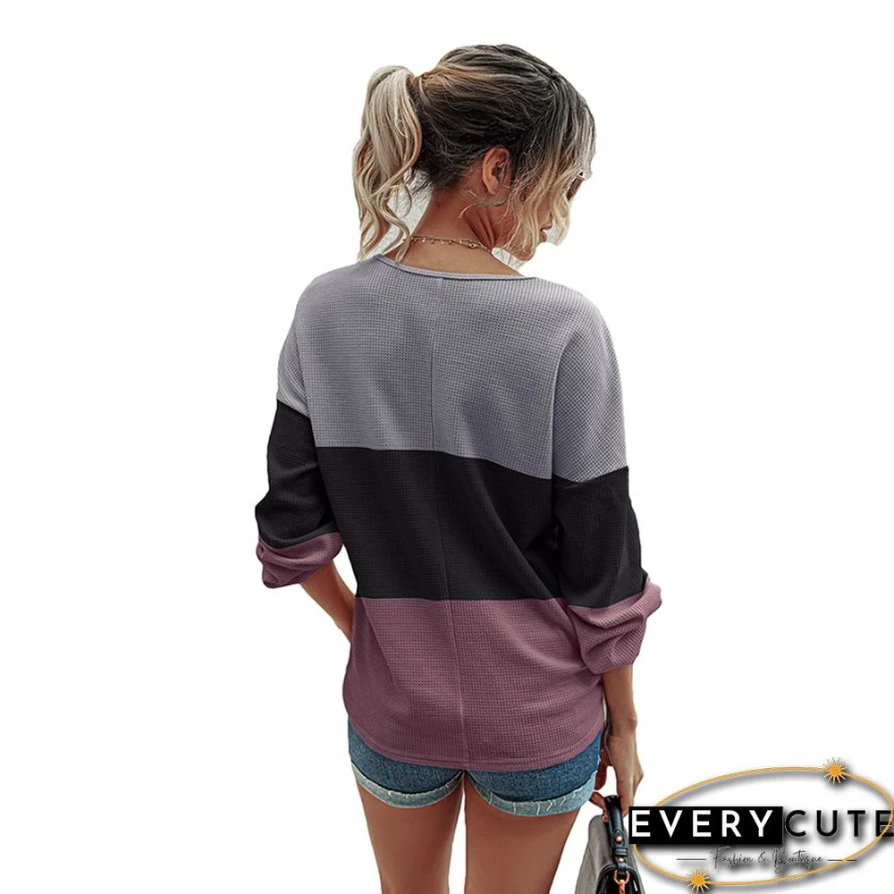 Multicolor Colorblock Buttoned V Neck Long Sleeve Tops