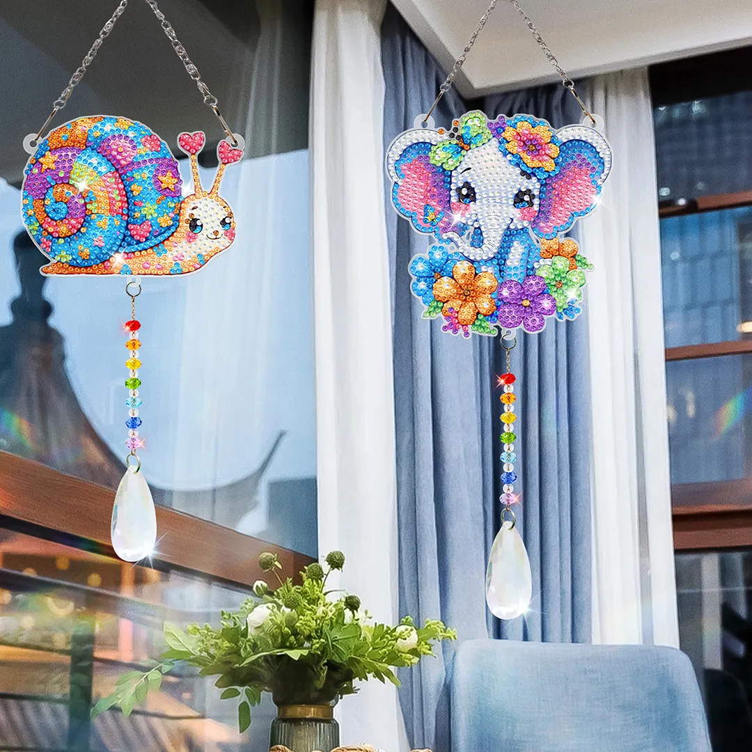 2Pcs Snails and Elephants DIY Double-Sided Diamond Painting Hanging Kits Diamond Painting Suncatcher Craft Kit for Home Garden Wall Decor Gift