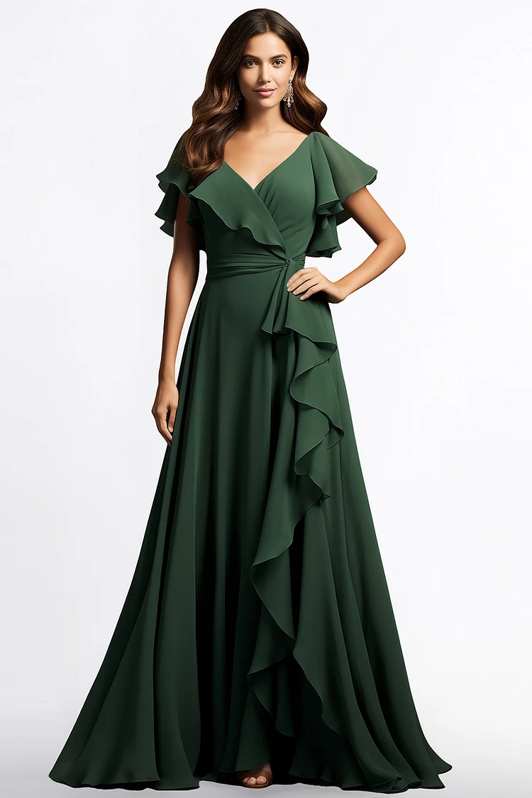 Zaruci Mother Of The Bride Dark Green Chiffon Wrap Flutter Sleeve Ruffle Maxi Dress [Pre-Order]
