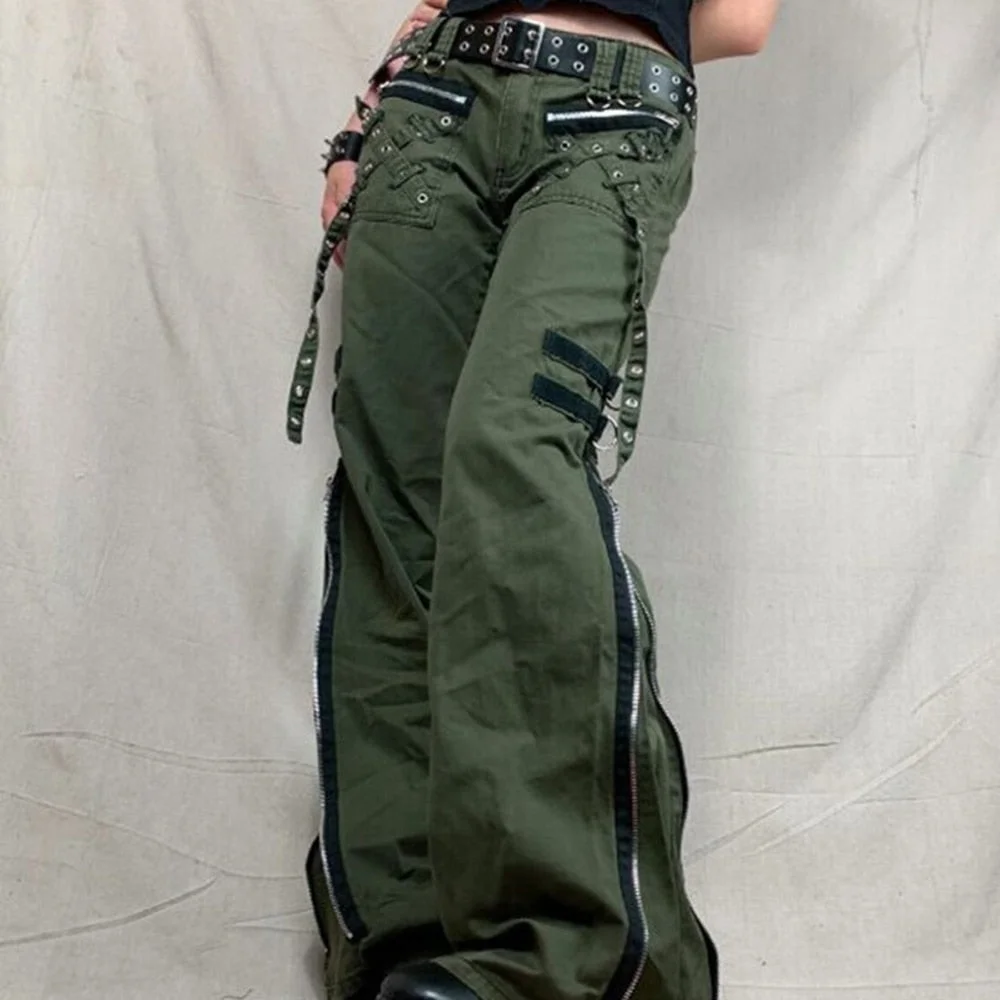 Uforever21 2023 Autumn New Fall Outfits Military Green Cargo Flared Pants Low Rise Y2K Women Steam Punk Pants Harajuku Gothic Style Post Apocalyptic Wasteland Clothing