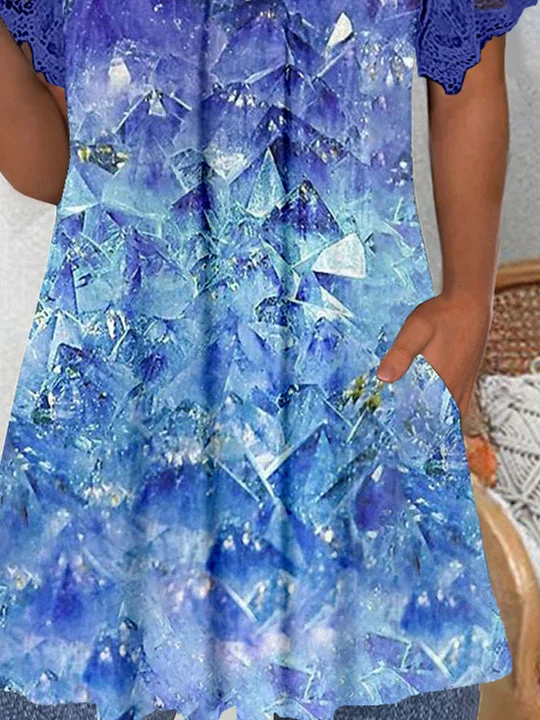 Women's Short Sleeve V-neck Graphic Lace Pockets Tops