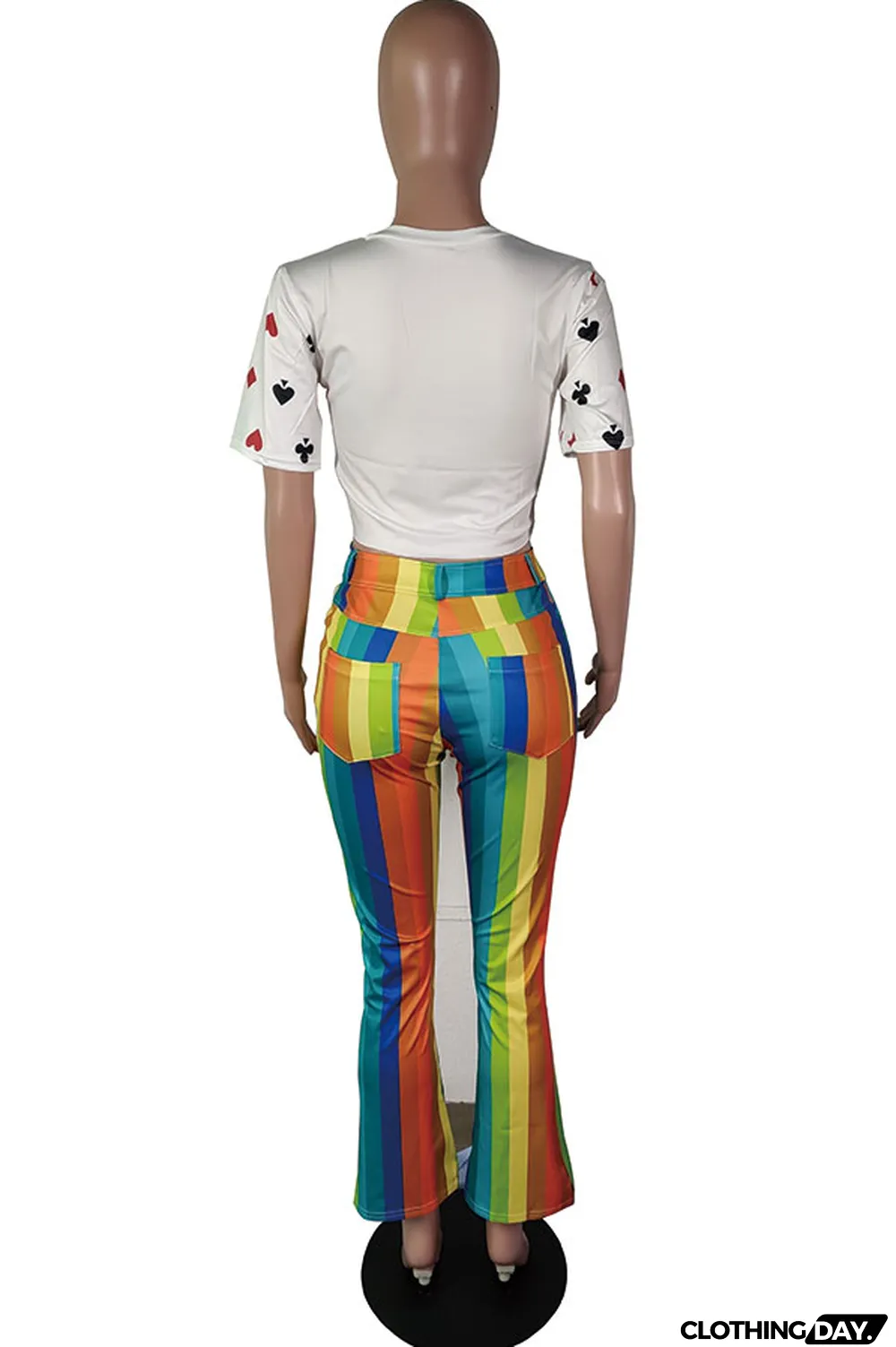 Multi-color Polyester Elastic Fly Mid Striped Print Patchwork Boot Cut Pants Pants