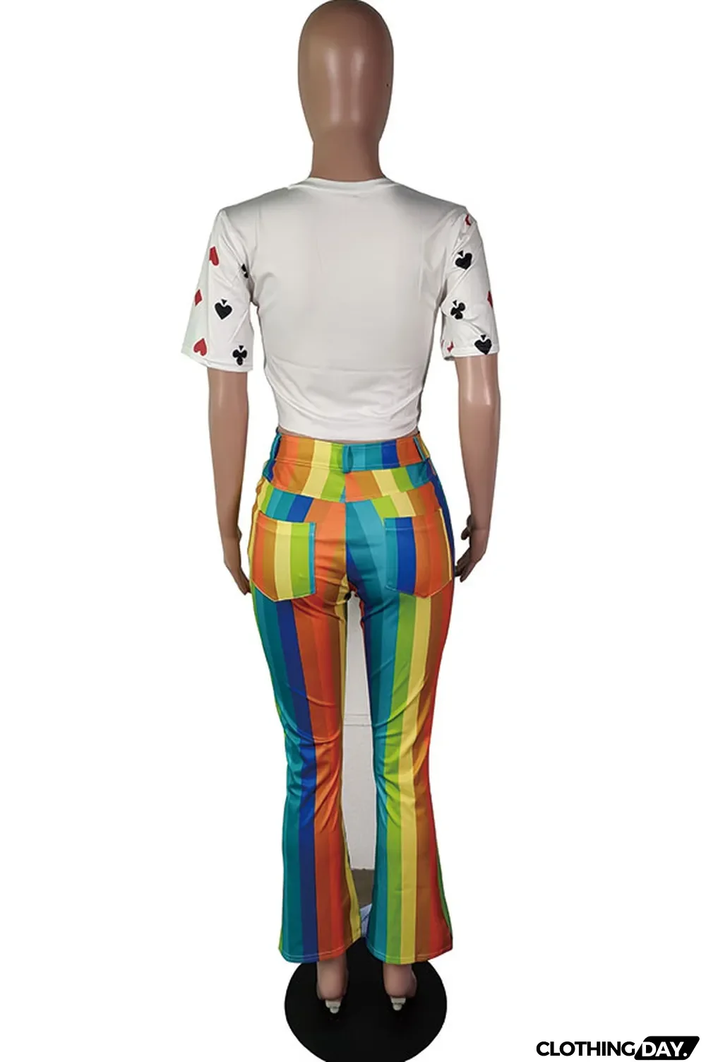 Multi-color Polyester Elastic Fly Mid Striped Print Patchwork Boot Cut Pants Pants