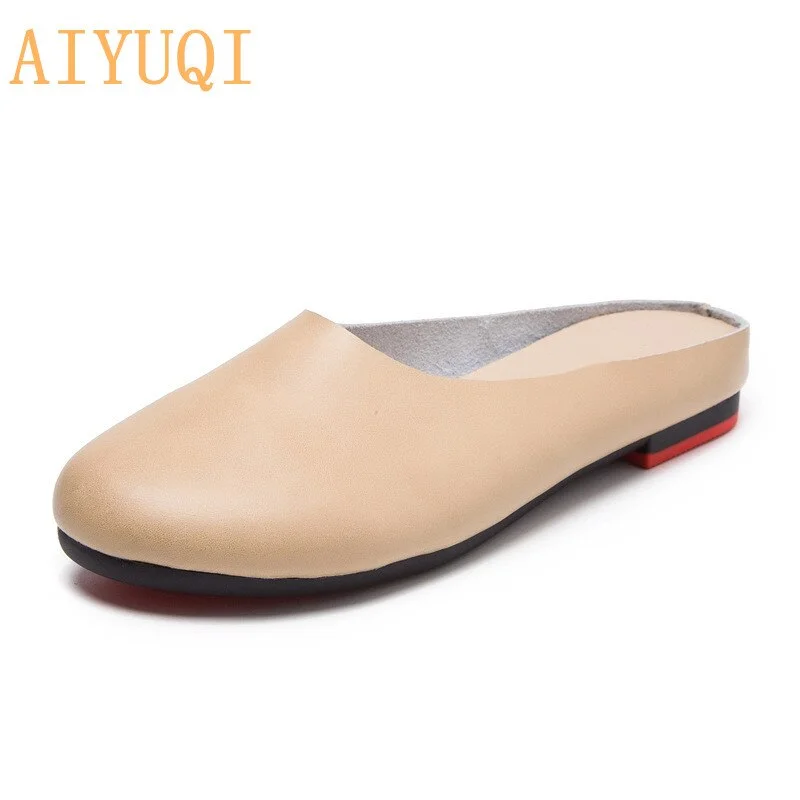 AIYUQI  Women Slippers 2021 Spring New Genuine Leather Women Shoes big Size 41 42 43 Flat Casual Summer Half Slippers Women