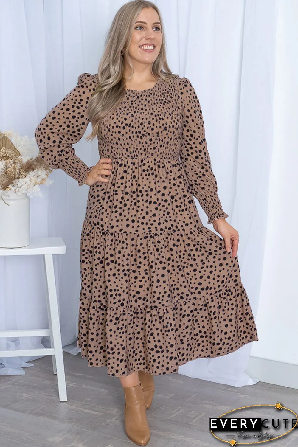 Pink Plus Size Leopard Print Smocked Tiered Dress