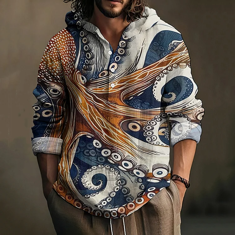 Men's Octopus Art Printed Button Casual Hoodie Shirt