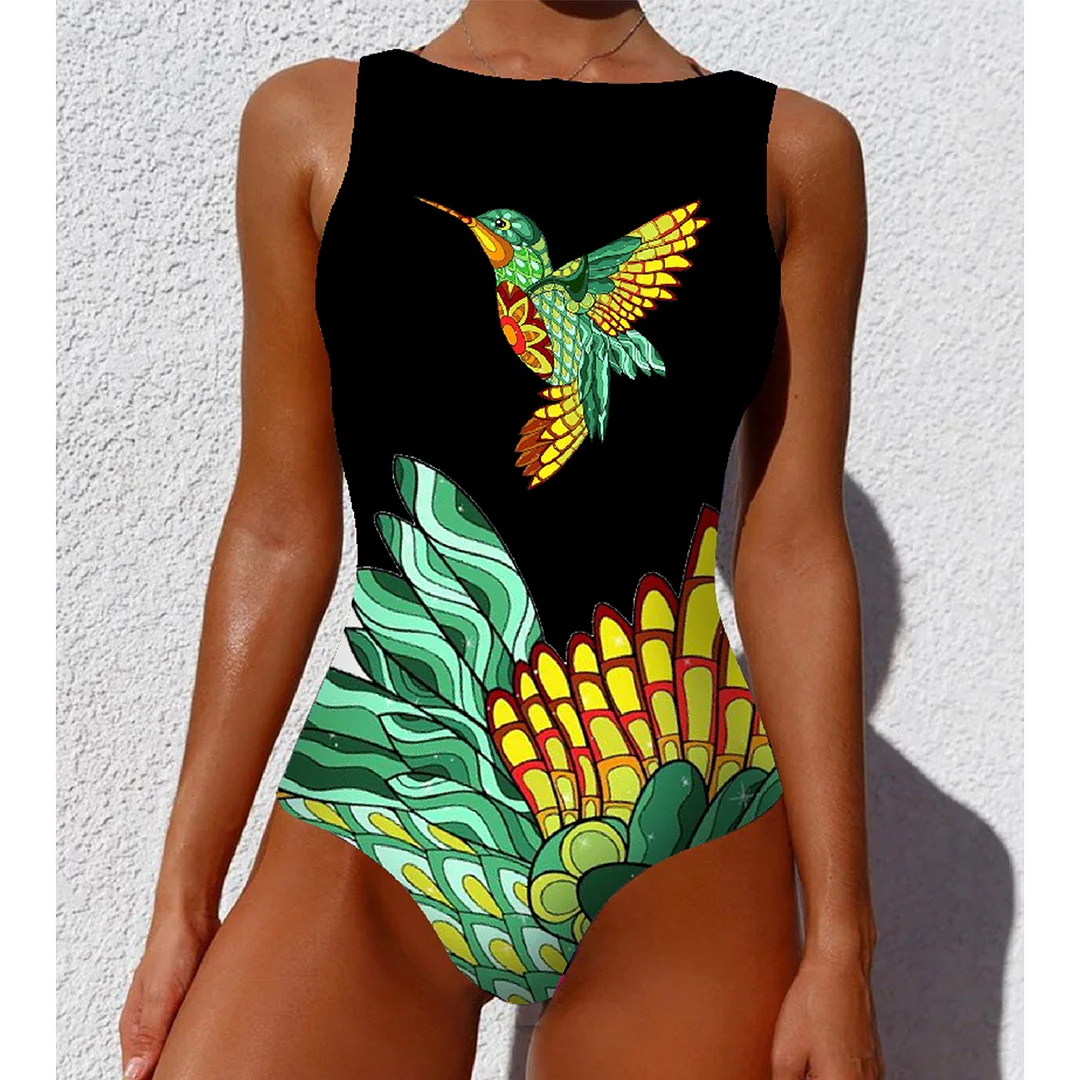 Uveng Swimsuit2025 New Conjoined Bikini Personality Abstract Print Swimsuit Women Sleeveless