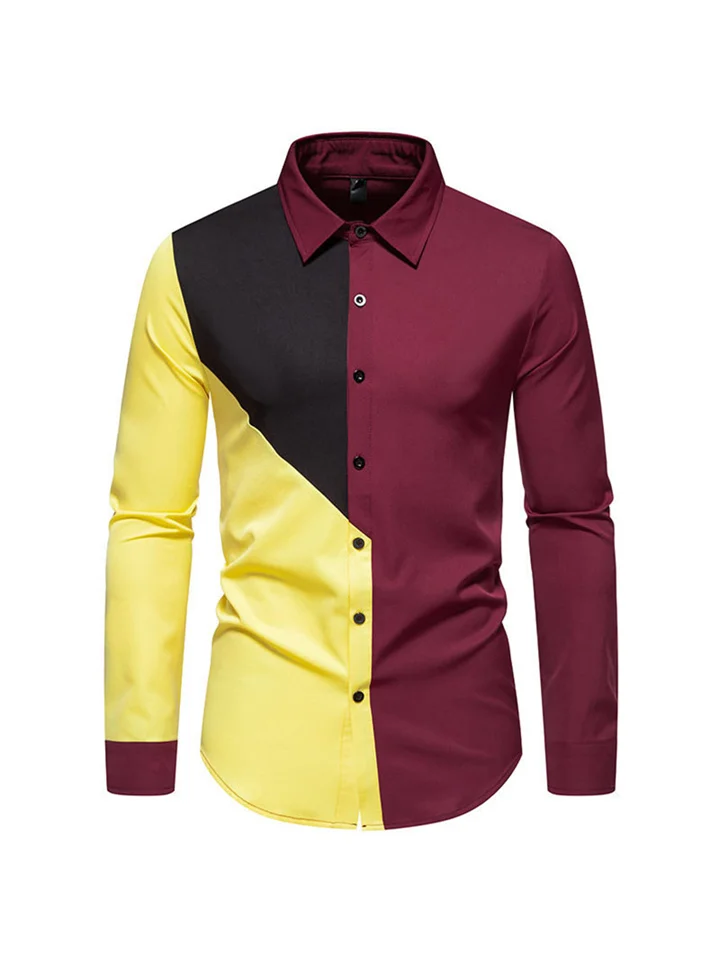 Casual Retro Men's Colorblocking Shirt Autumn and Winter New Lapel Colorblocking Slim Men's Long-sleeved Shirt