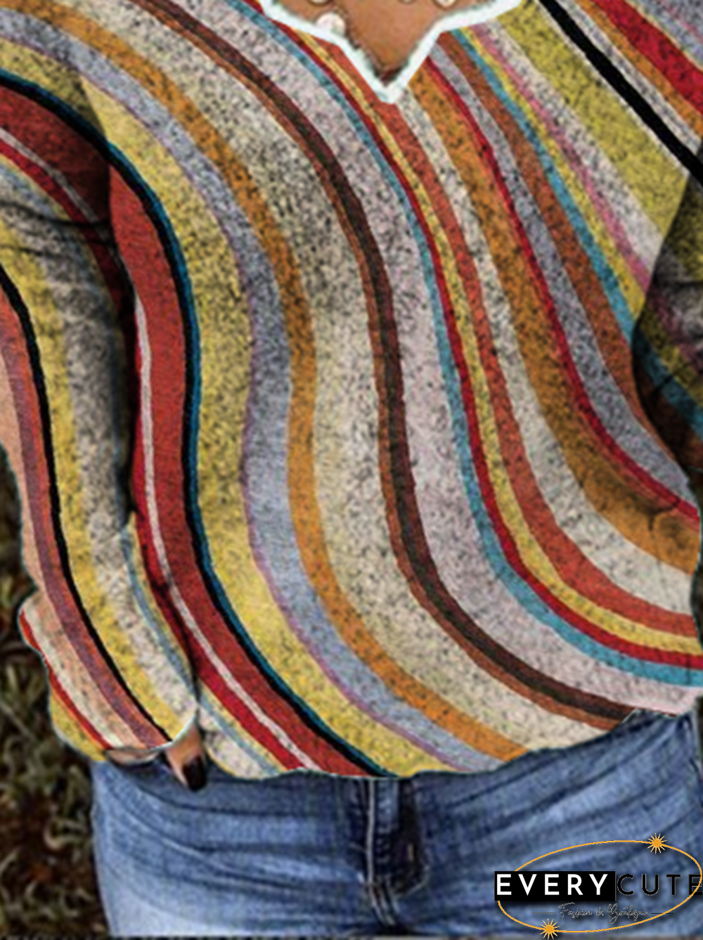 Shift Knitted Long Sleeve Stripes Tops