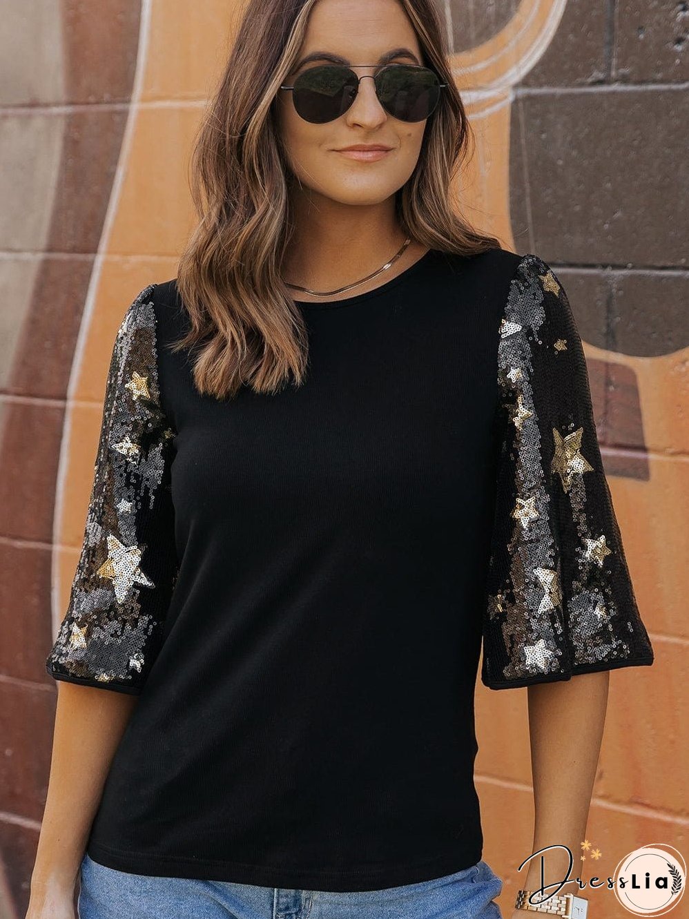Black Star Sequin Embellished Half Sleeve Knit Top