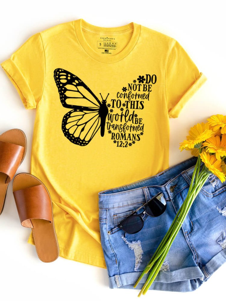 Butterfly And Letters Print Short Sleeve Casual Crew Neck T Shirt wearshes
