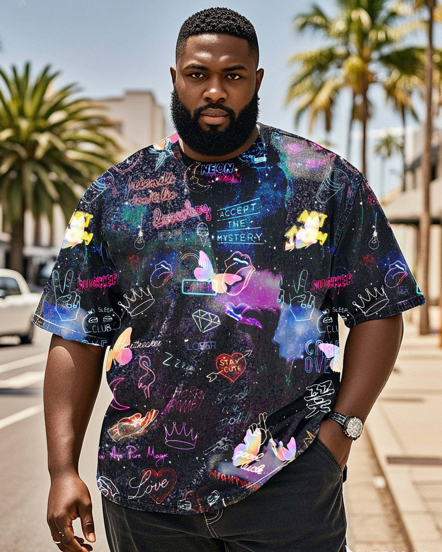 Plus Size Men's Graffiti Creative English Printed Denim Short-sleeved T-shirt