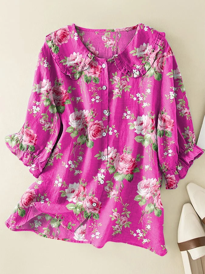 Vintage Floral Cotton and Linen Peter Pan Ruffle Collar Shirt