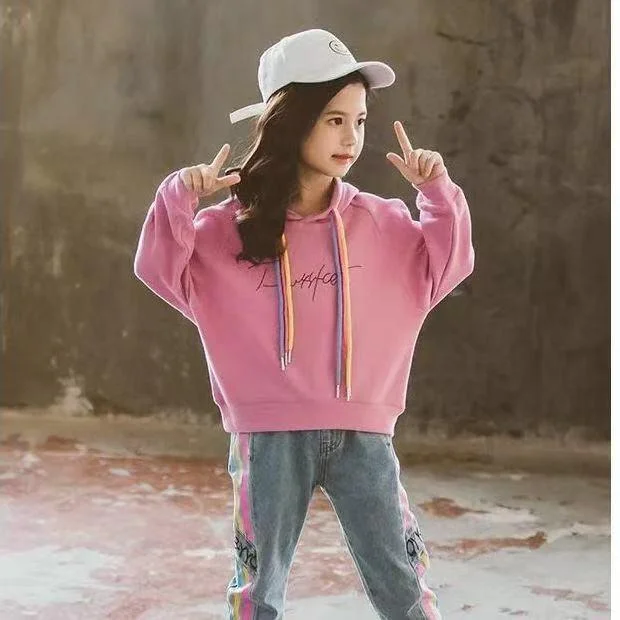 New Autumn Spring Girls Clothing Suits Pullover Kids Colored Cotton Sweatshirt Tracksuit Sport Suits Outwear Jean Pants