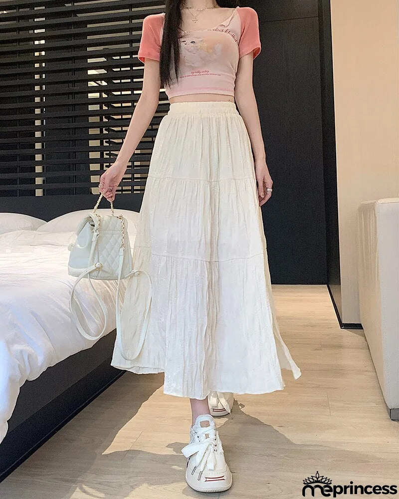 Women's Polyester Casual Wear Solid Pattern Elastic Waist Skirt