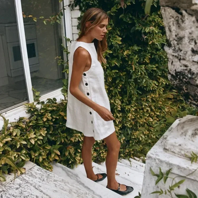 Ejimei Chic Side Single-breasted Mini Dress Ladies Fashion Crew Neck Sleeveless Dresses Women Fashion Streetwear Communting Vestidos