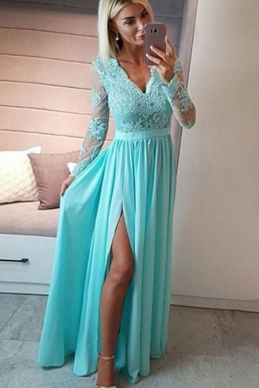 Mint Long Sleeve High Split Prom Gown Evening Dress - Shop Trendy Women's Clothing | LoverChic