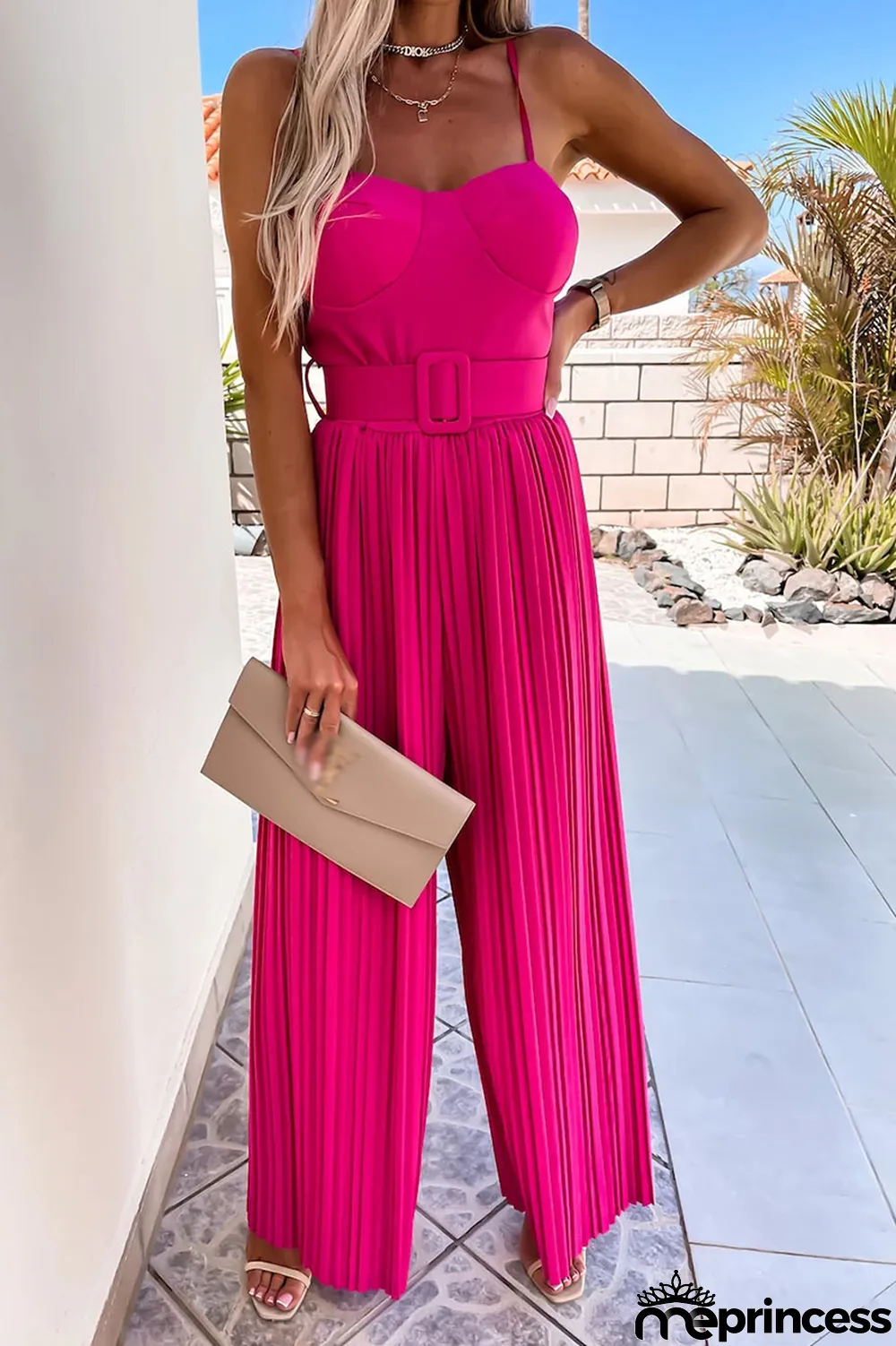 Street Solid Patchwork Spaghetti Strap Loose Jumpsuits