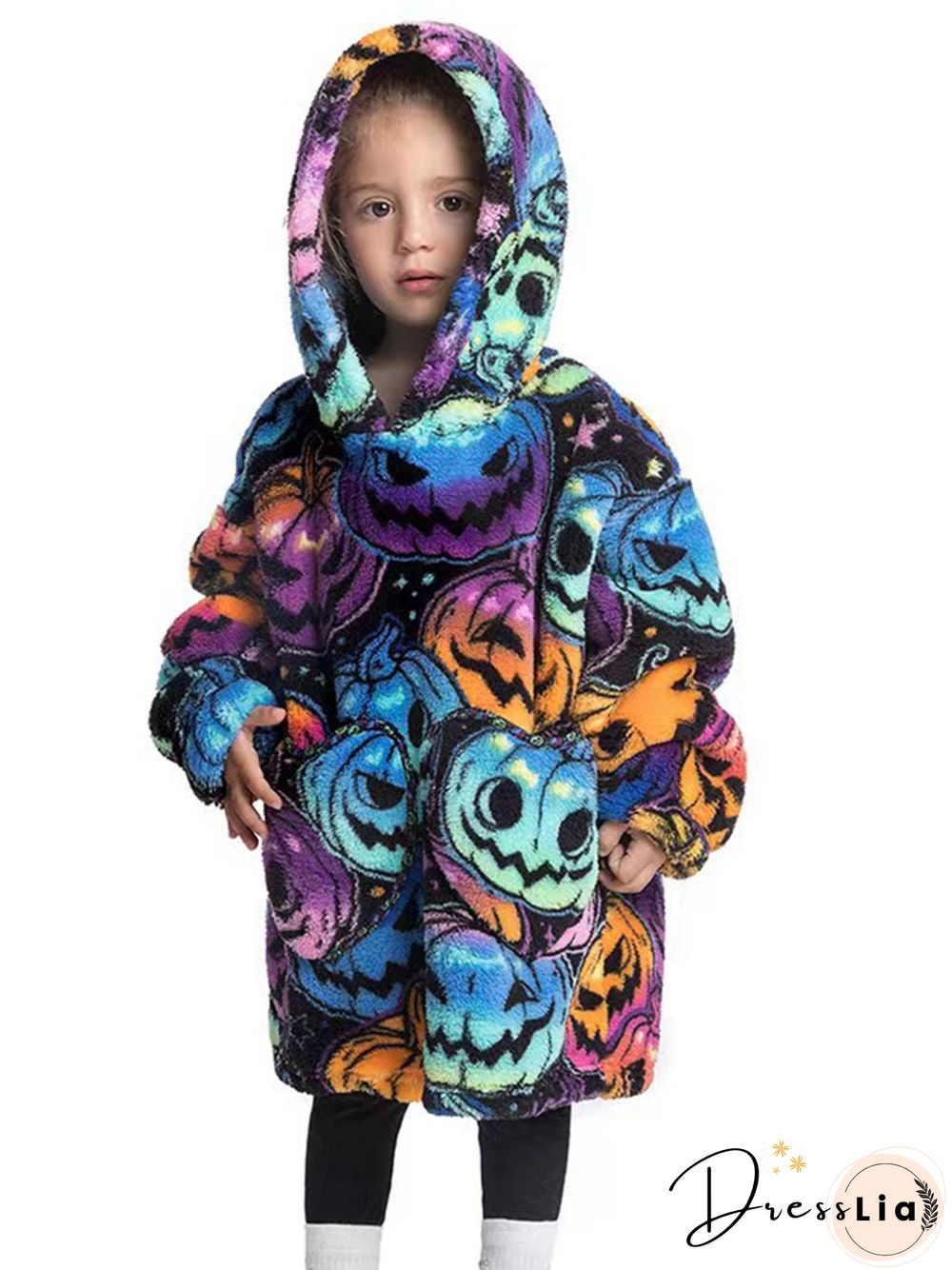 Halloween Pumpkin Print Pullover Flannel Hooded Warm Homewear Pajamas