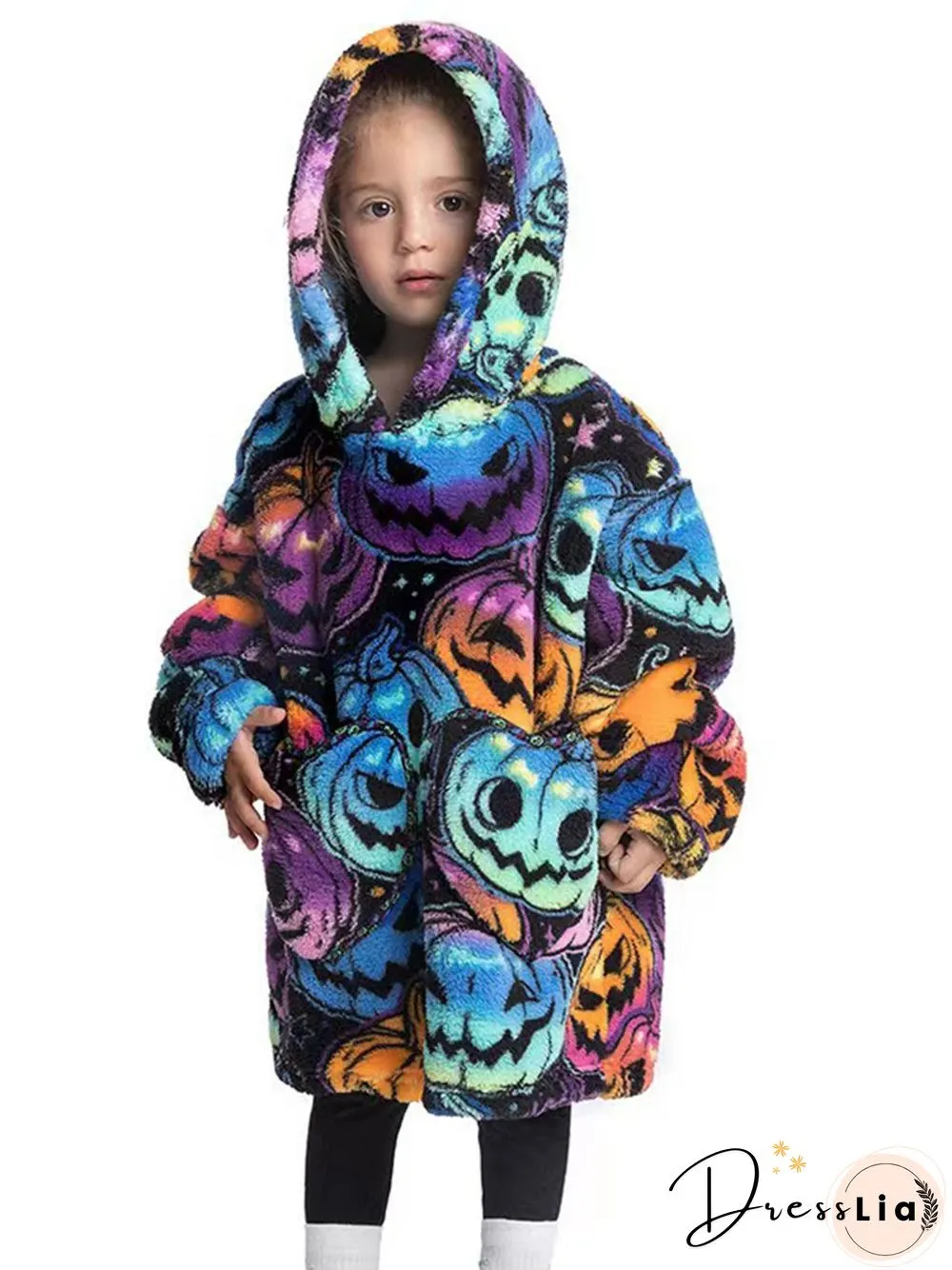 Halloween Pumpkin Print Pullover Flannel Hooded Warm Homewear Pajamas