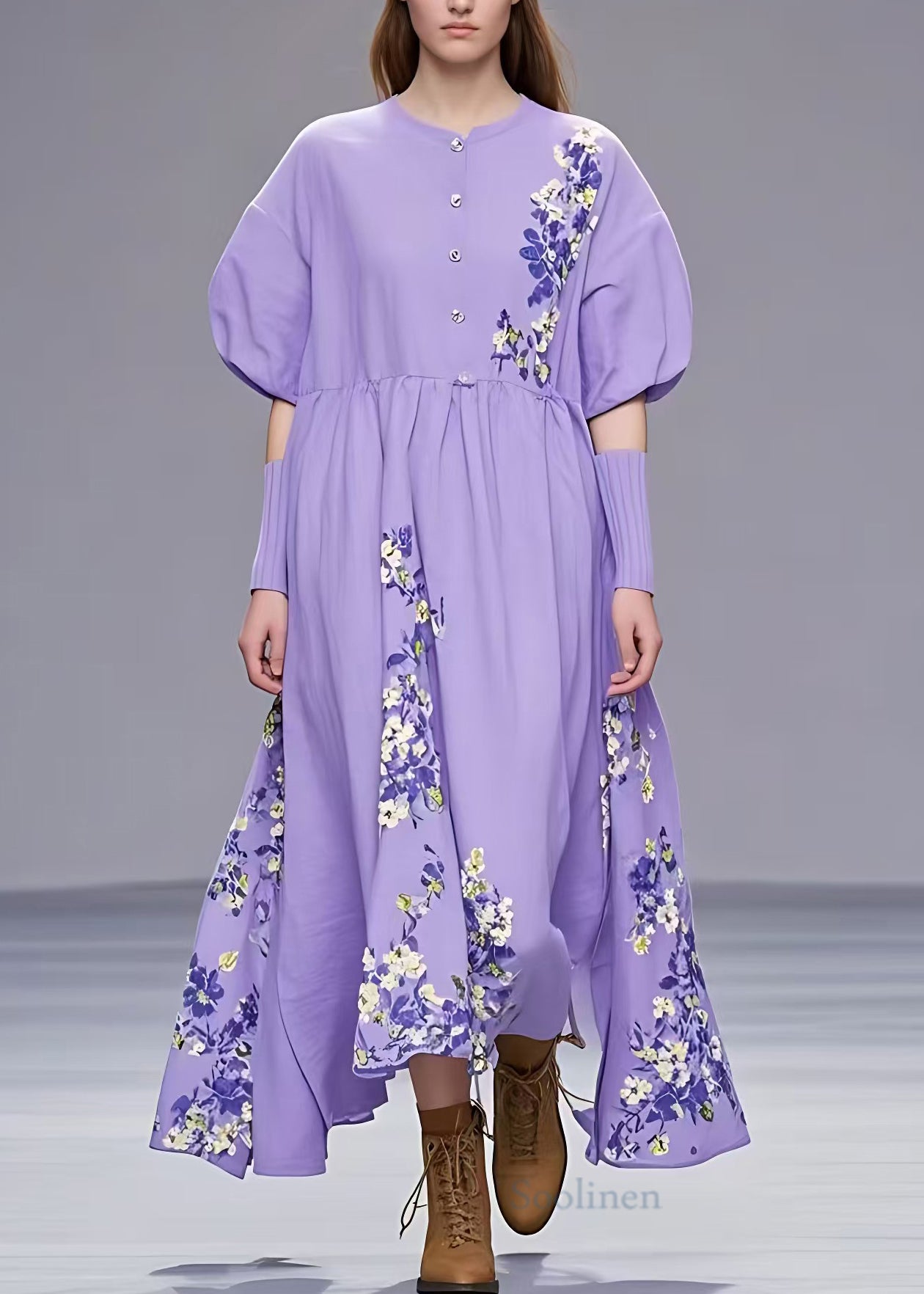 VCSHOES Purple Button Print Cotton Long Dresses Summer