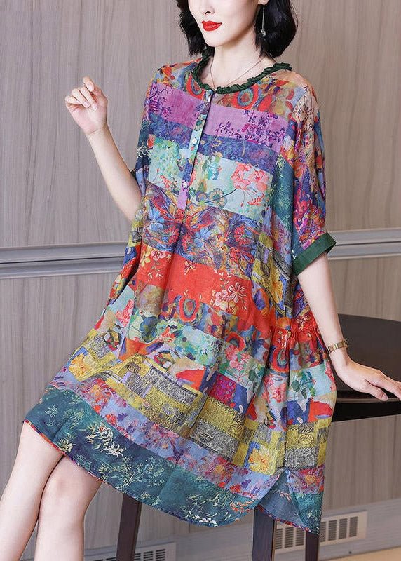 Fashion Ruffled Print Button Side Open Linen Vacation Dresses Half Sleeve