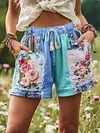 Women's Patchwork Rose Floral Contrast Waist Drawstring Pocket Shorts