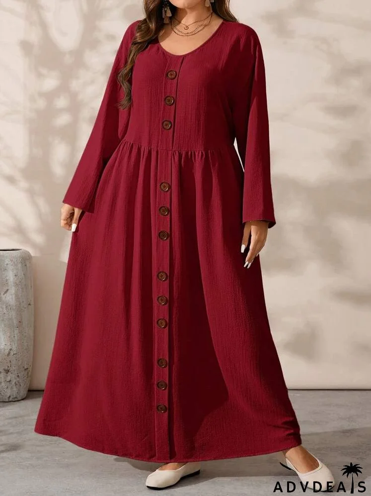 Plus Size Solid Color Button Front Long Sleeve Pleated Minimal Casual Dress