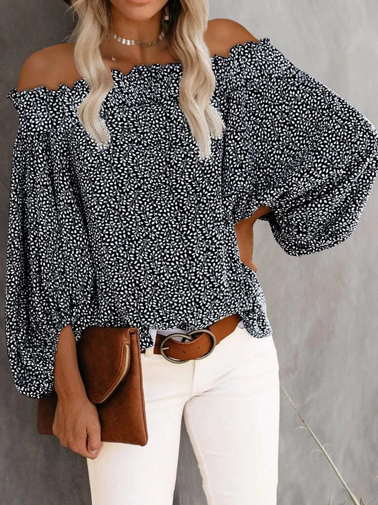 One-Shoulder Print Lantern Sleeve Blouses