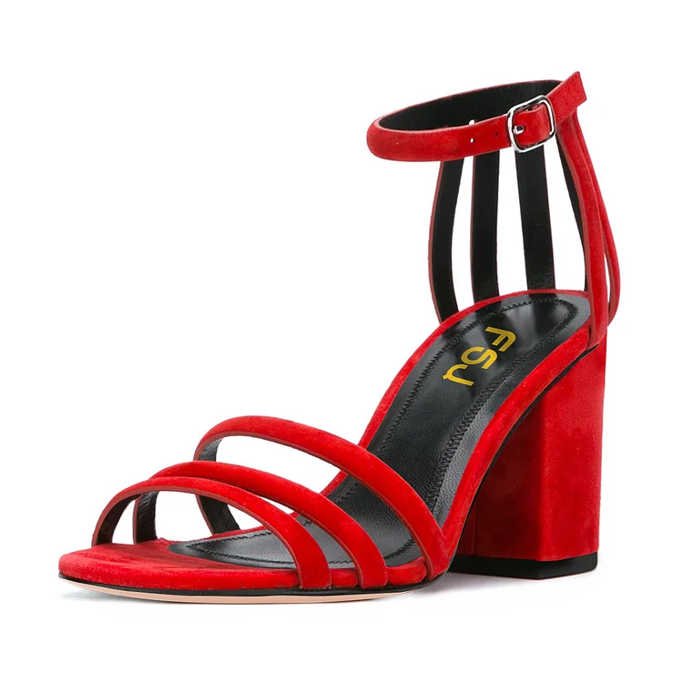 Women's Red Chunky Heel Ankle Strap Sandals |FSJ Shoes