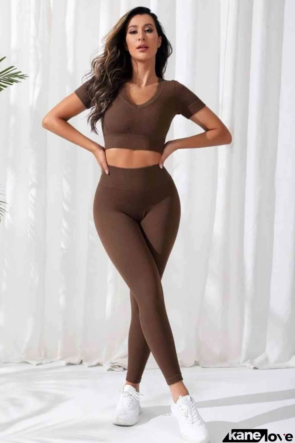 V-Neck Crop Top and High Waistband Long Active Pants
